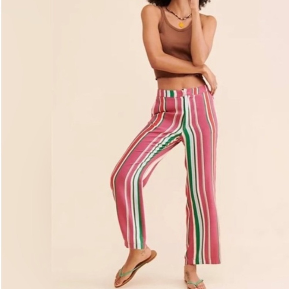 Free People Pink & Green Stripe Cropped Wide-Leg Pants